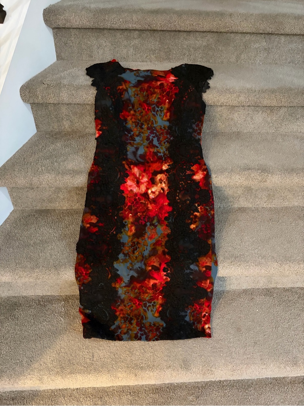 Maggie London Cap-Sleeve Floral Lace Sheath Dress in Red and Black - Size 8